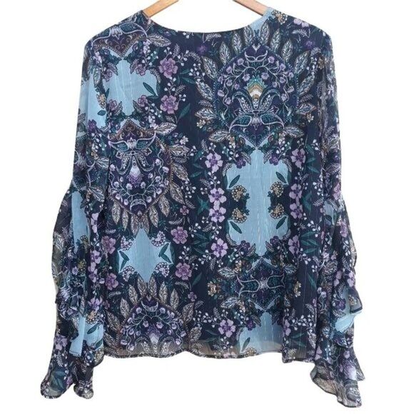 90's Iz Byer Boho Ruffled Bell Sleeve Metallic Threading FLoral Blouse Blue Sz L - Picture 9 of 12